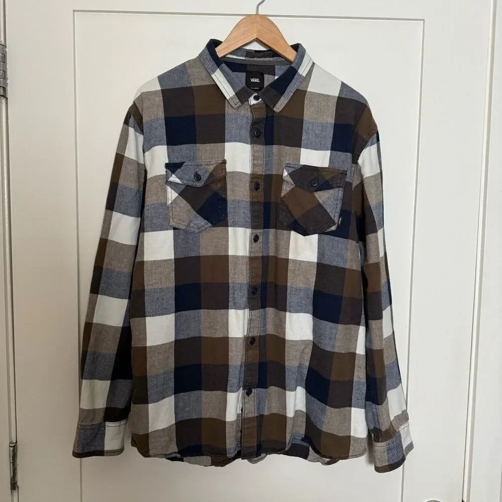 Vans Flannel Shirt Mens 2XL Brown Slim Fit Plaid Checked Long Sleeve Button Up